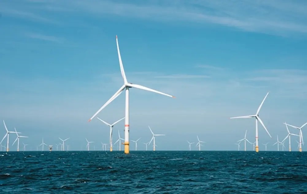 Rows of offshore wind turbines on the horizon